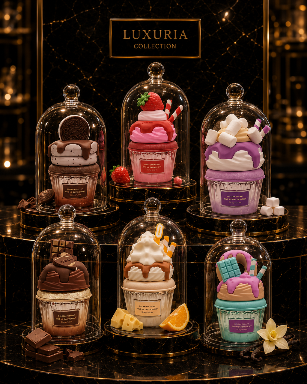 Sélection complète des brumes gourmandes Luxuria sous cloches