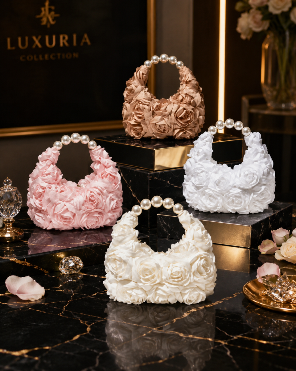 Sac Demi-Lune Floral & Perles – Rose, Champagne, Blanc & Beige