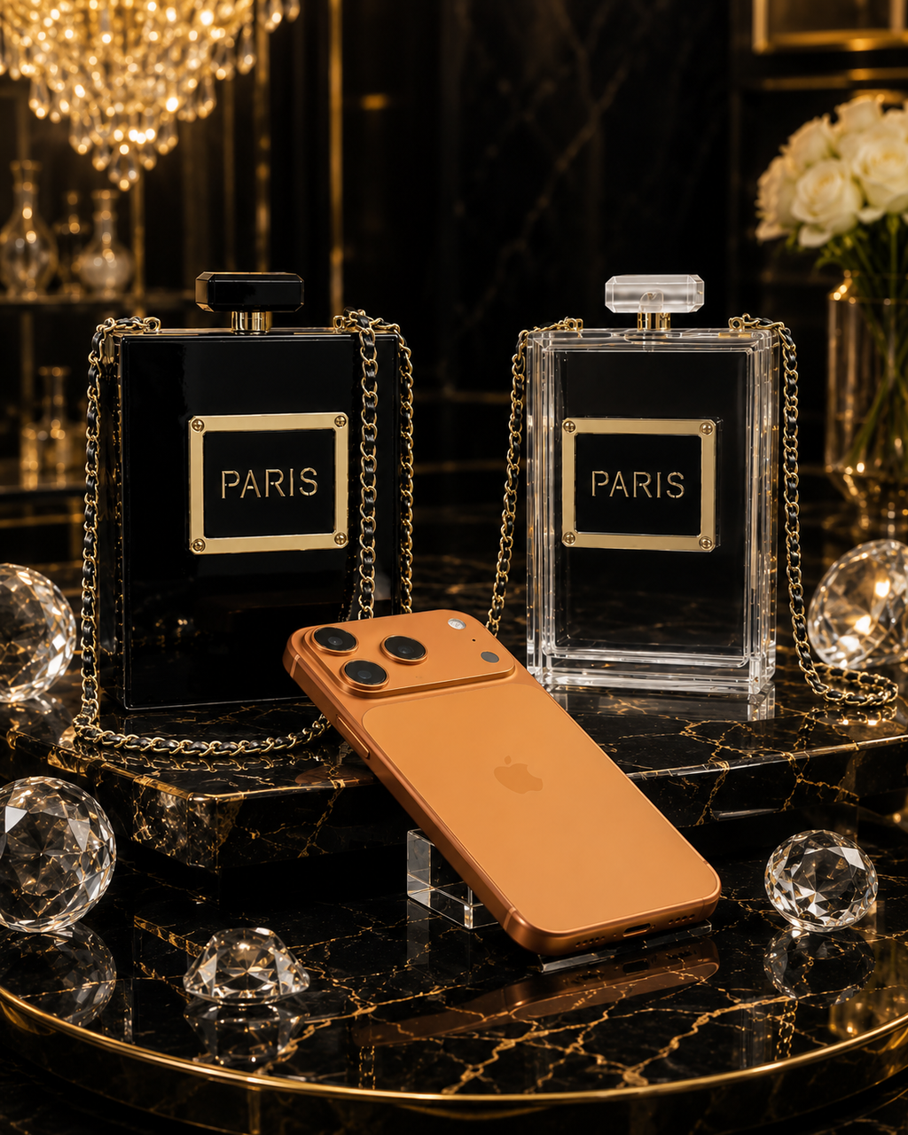 Sac Clutch Acylique & Chaîne Dorée – Noir & Transparent
