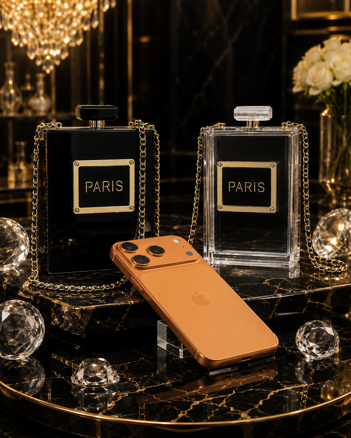 Sac Clutch Acylique & Chaîne Dorée – Noir & Transparent