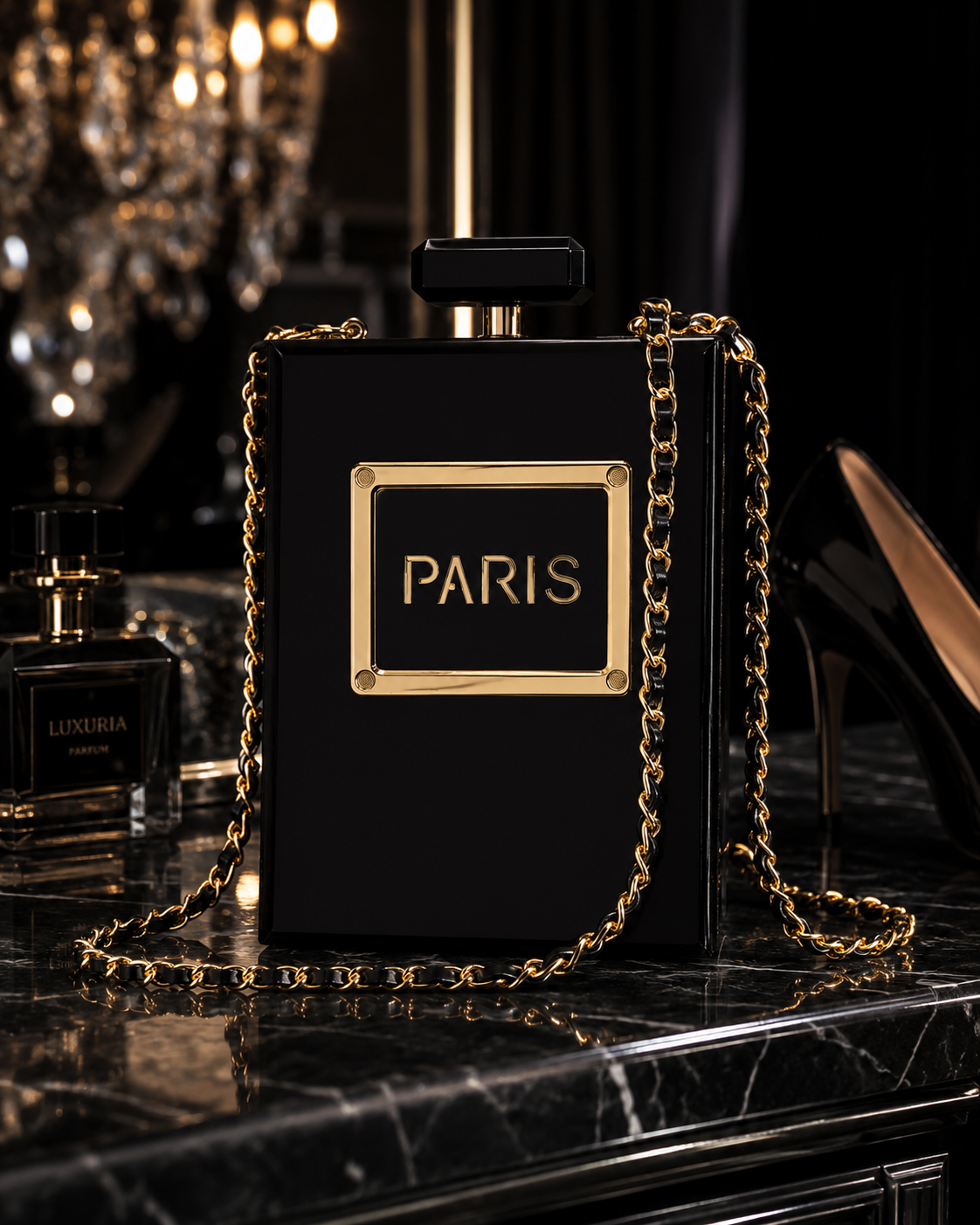 Sac Clutch Acylique & Chaîne Dorée – Noir & Transparent