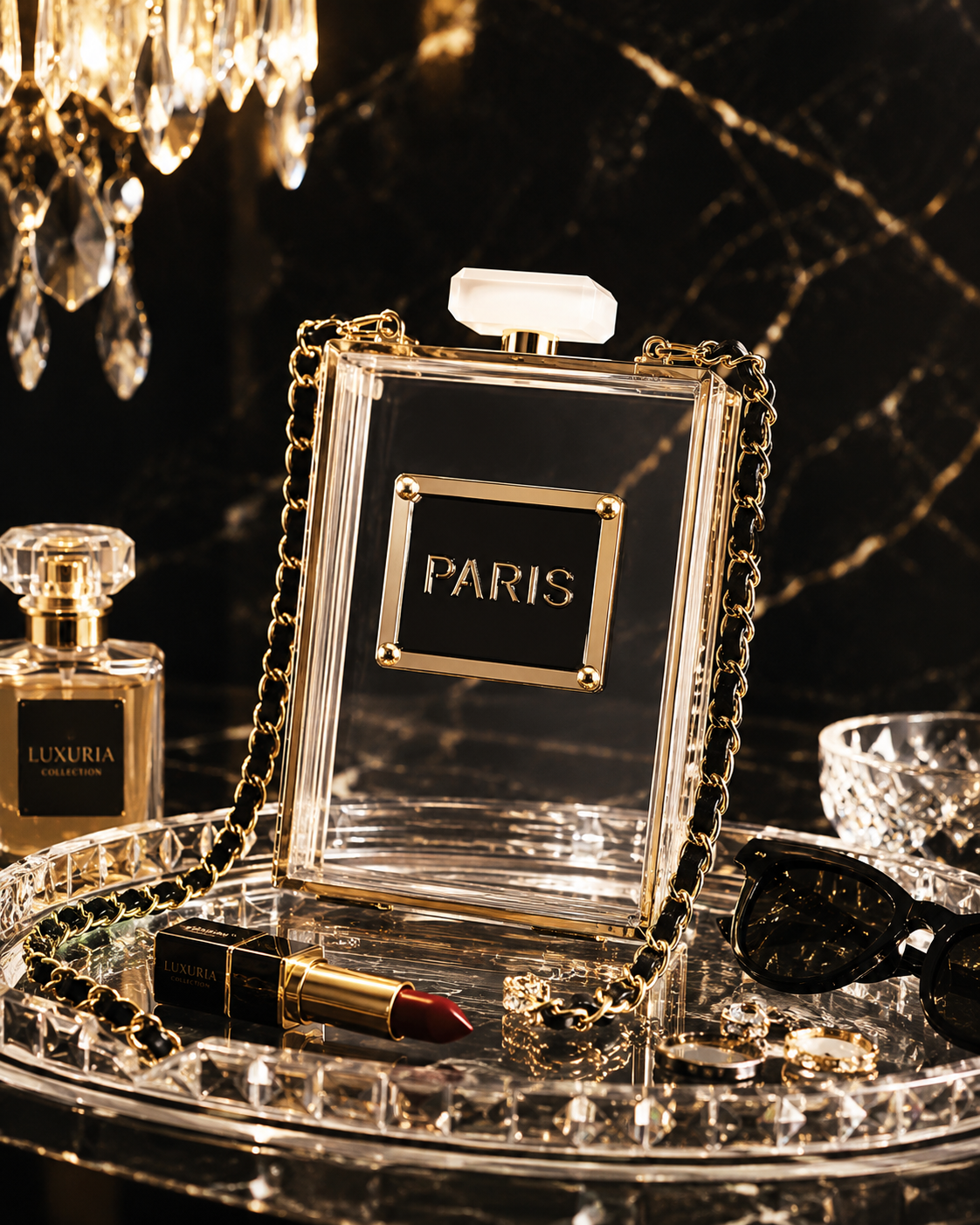 Sac Clutch Acylique & Chaîne Dorée – Noir & Transparent