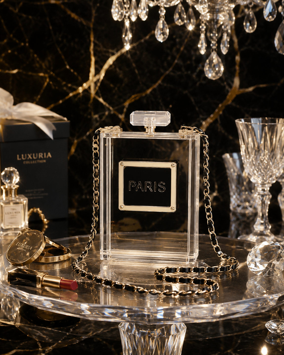 Sac Clutch Acylique & Chaîne Dorée – Noir & Transparent