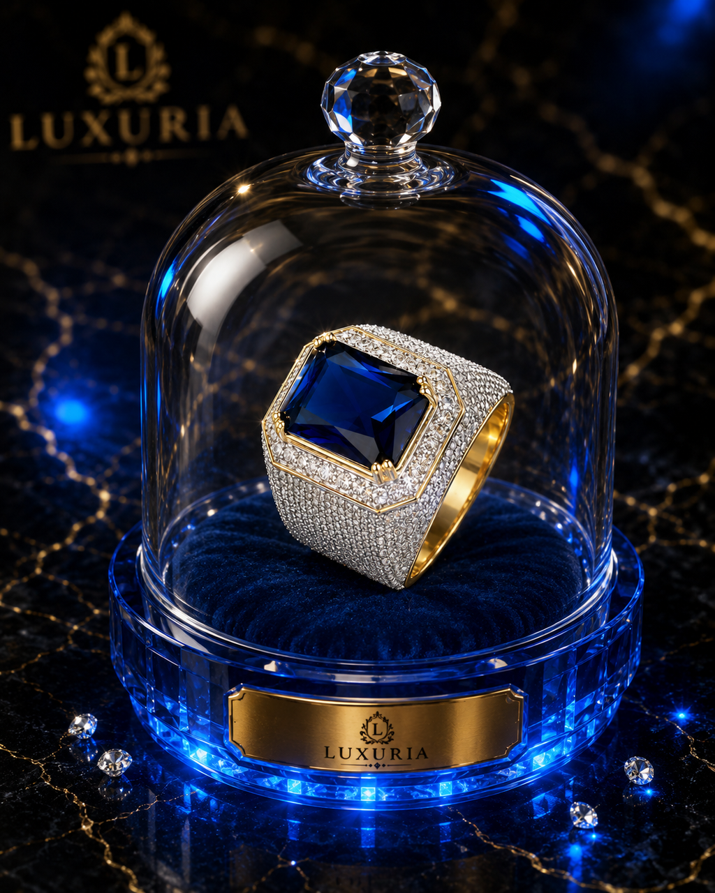 Bague Diamant Strass — Zircon Cubique Bleu , Serti Griffe Style Mariage Luxe
