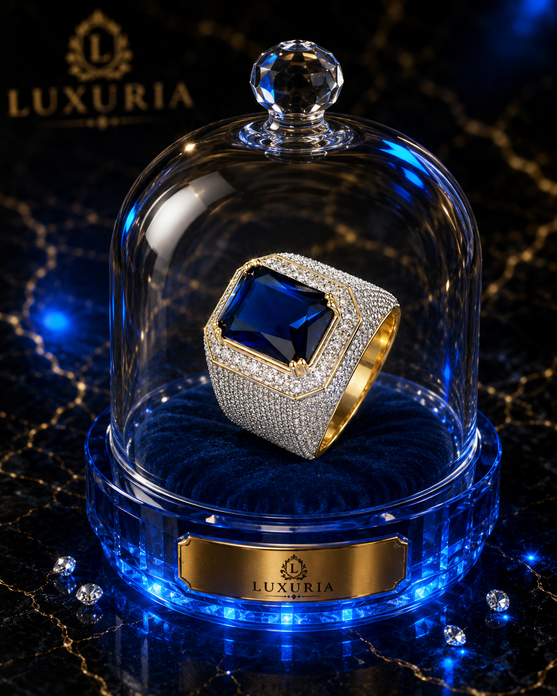 Bague Diamant Strass — Zircon Cubique Bleu , Serti Griffe Style Mariage Luxe