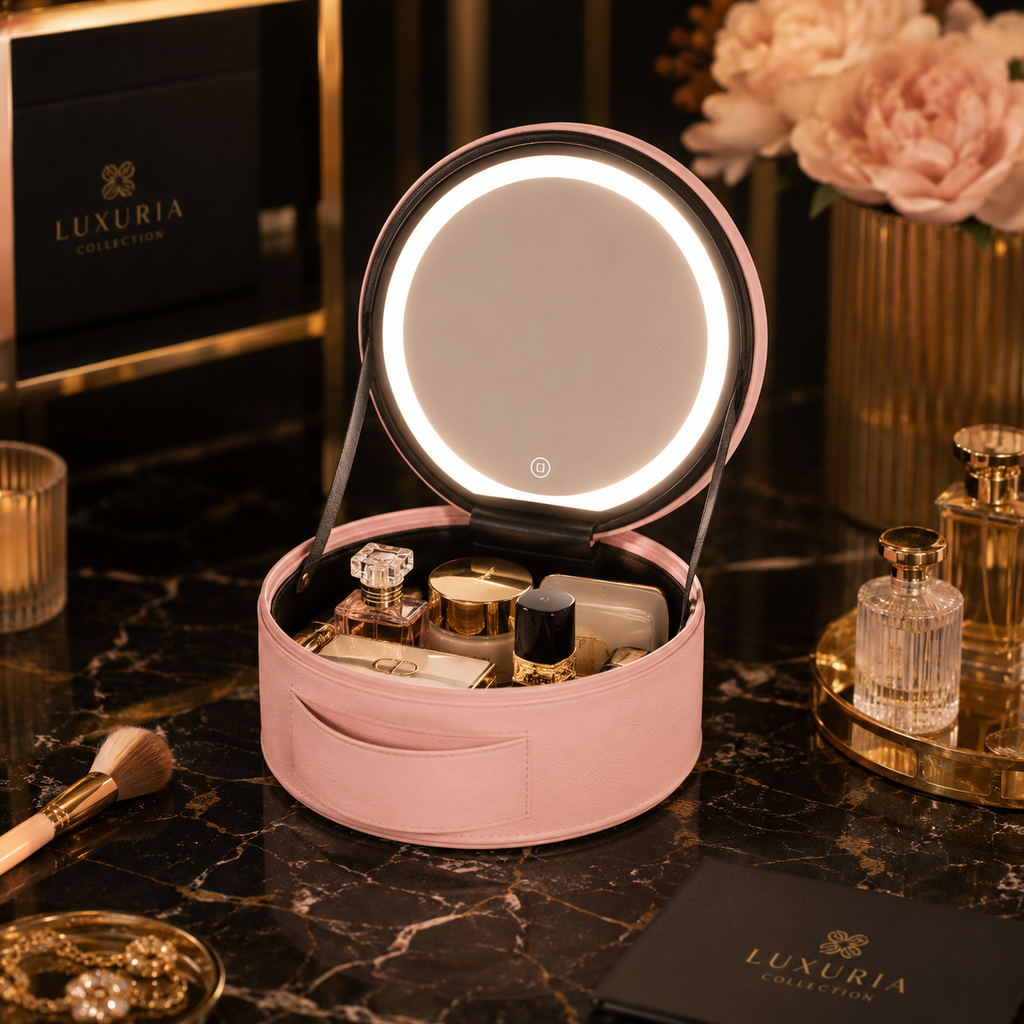 Trousse de Maquillage LED USB — Cuir PU, 3 Modes d'Éclairage, Pliable & Compacte, Rose & Noir