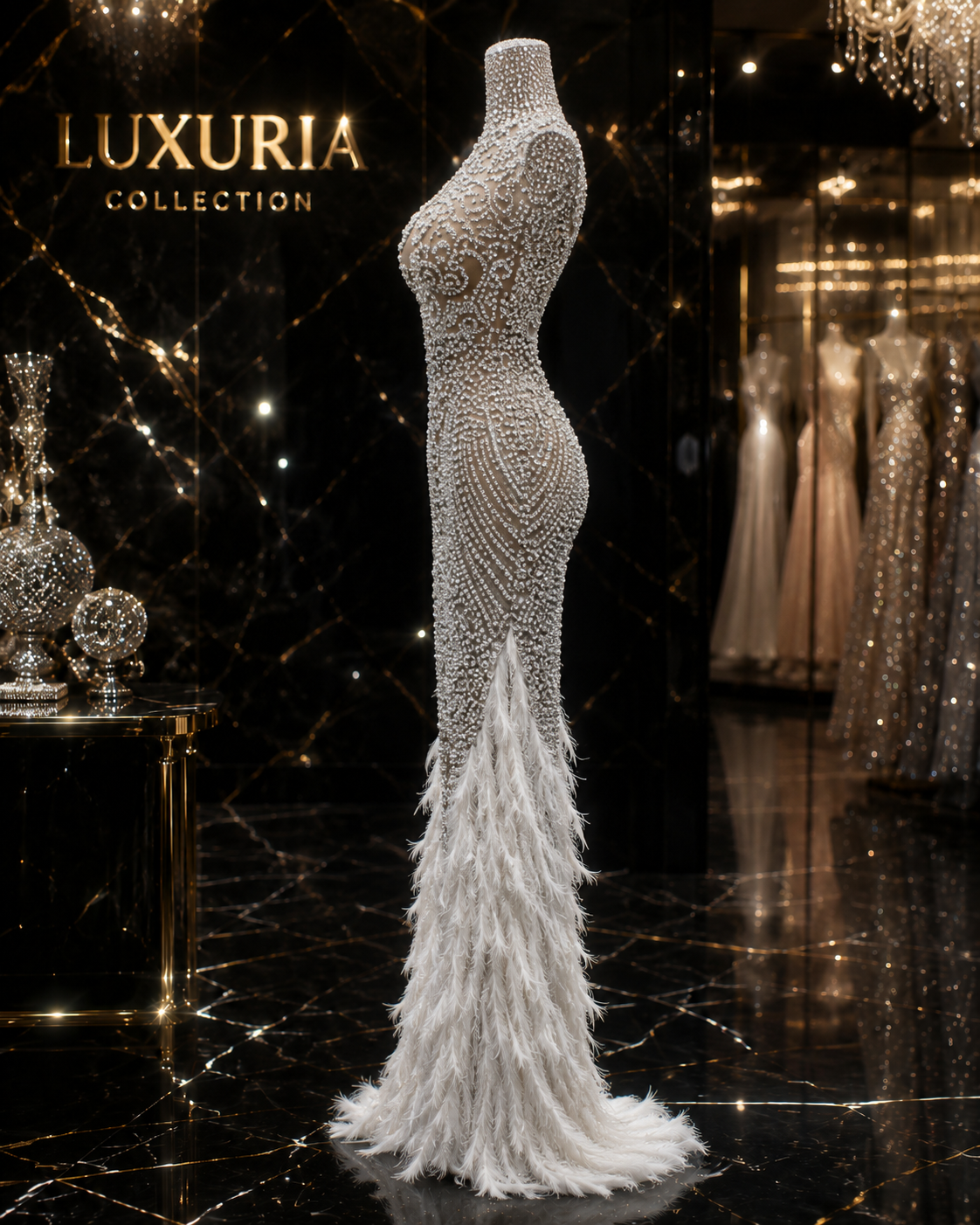 Robe Longue Strass & Plumes — Bodycon Luxe Soirée