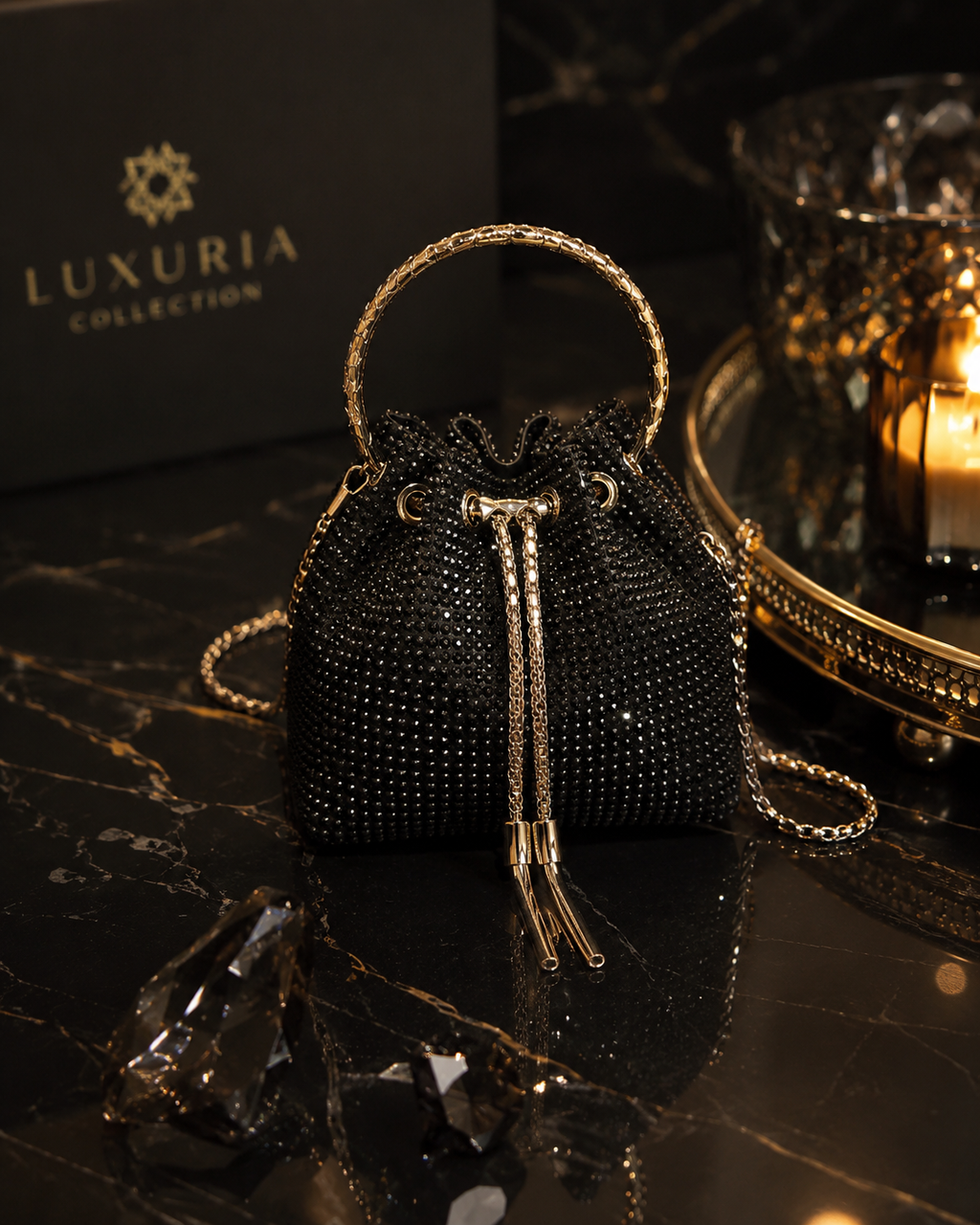 Sac Seau Paillettes & Cristaux – Jaune, Noir & Blanc