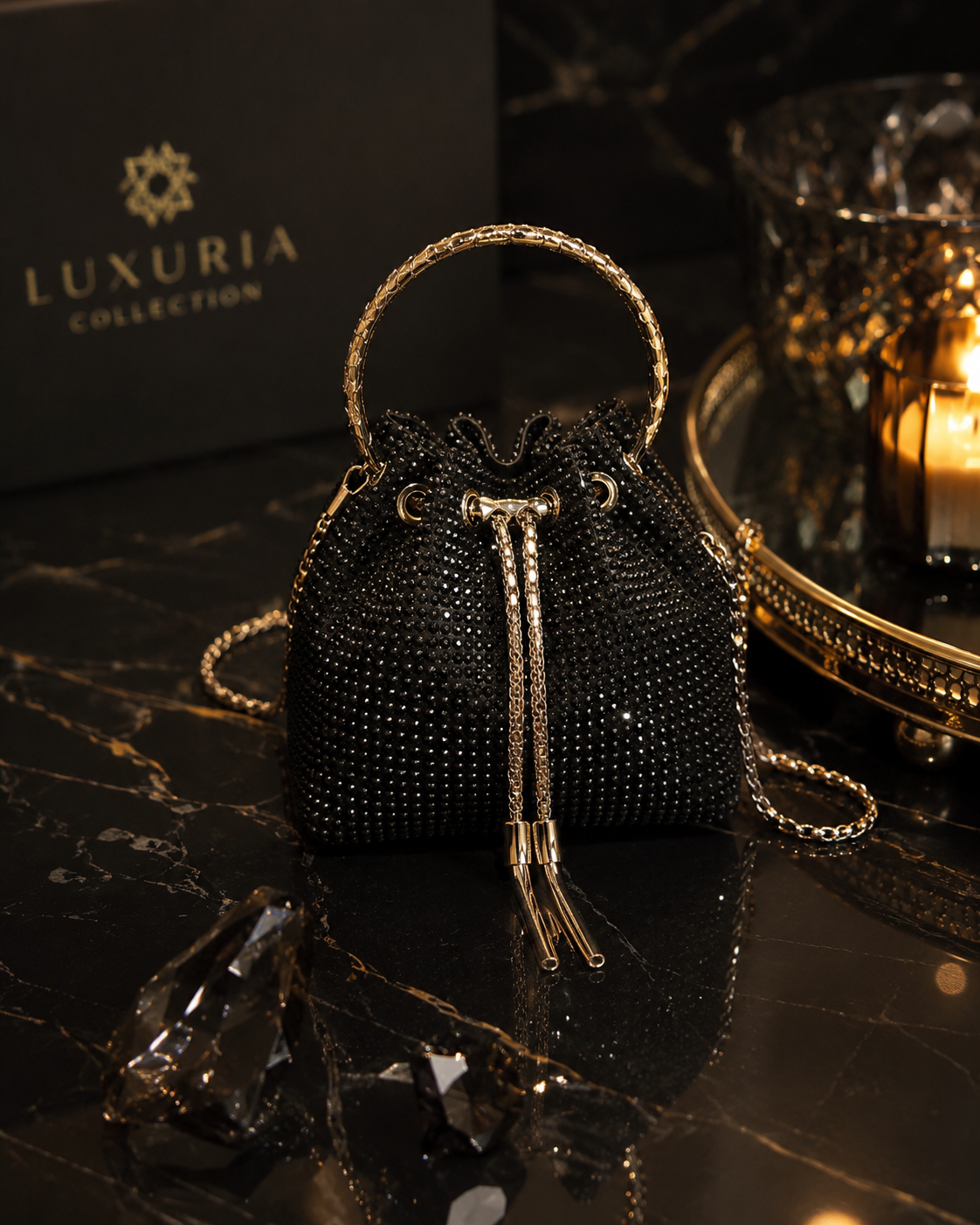 Sac Seau Paillettes & Cristaux – Jaune, Noir & Blanc