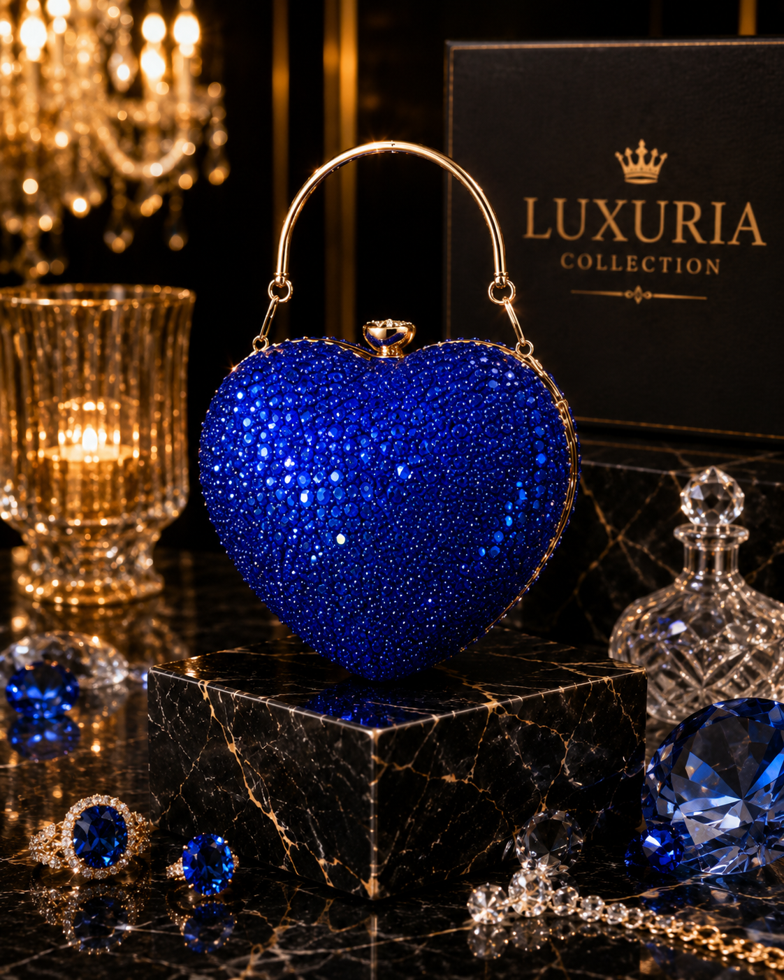 Mini Clutch Cœur Strass & Cristaux – Noir, Bleu, Rouge & Champagne