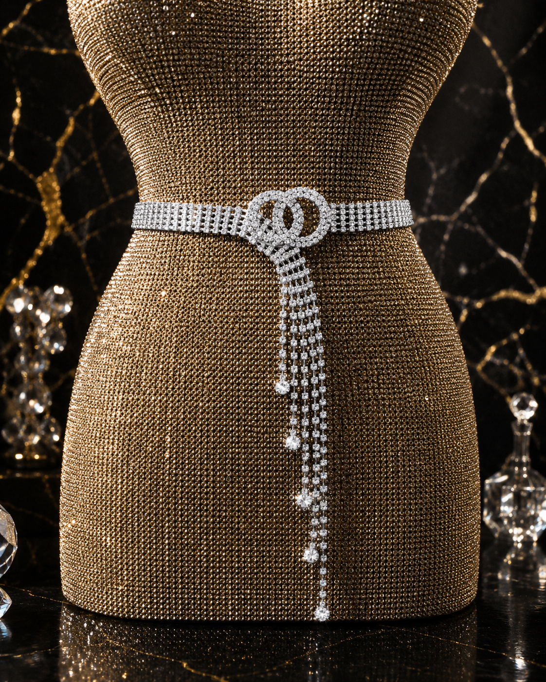 Ceinture Chaîne Strass & Cristaux — Anneau Argent, Réglable 65-90cm