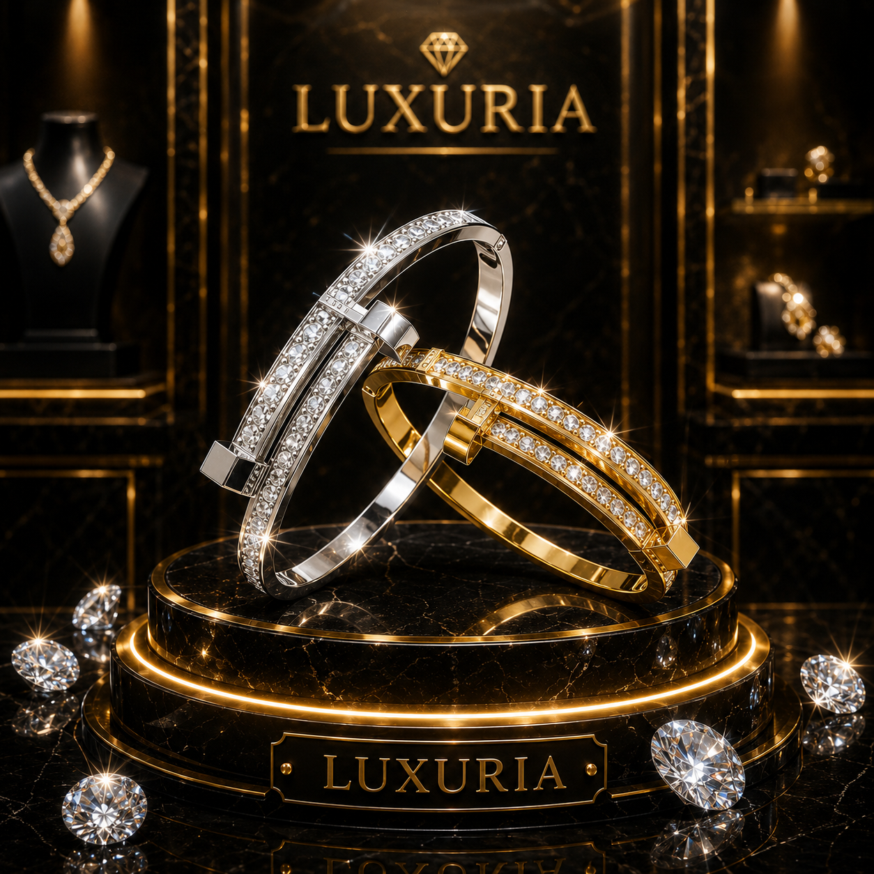 Jonc Zircon Éclat — Bracelet effet Plaqué Or blanc et jaune 18K & Strass