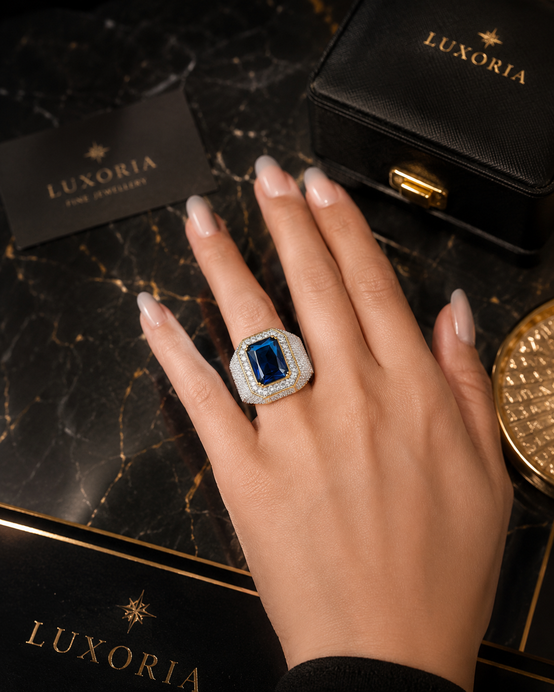 Bague Diamant Strass — Zircon Cubique Bleu , Serti Griffe Style Mariage Luxe