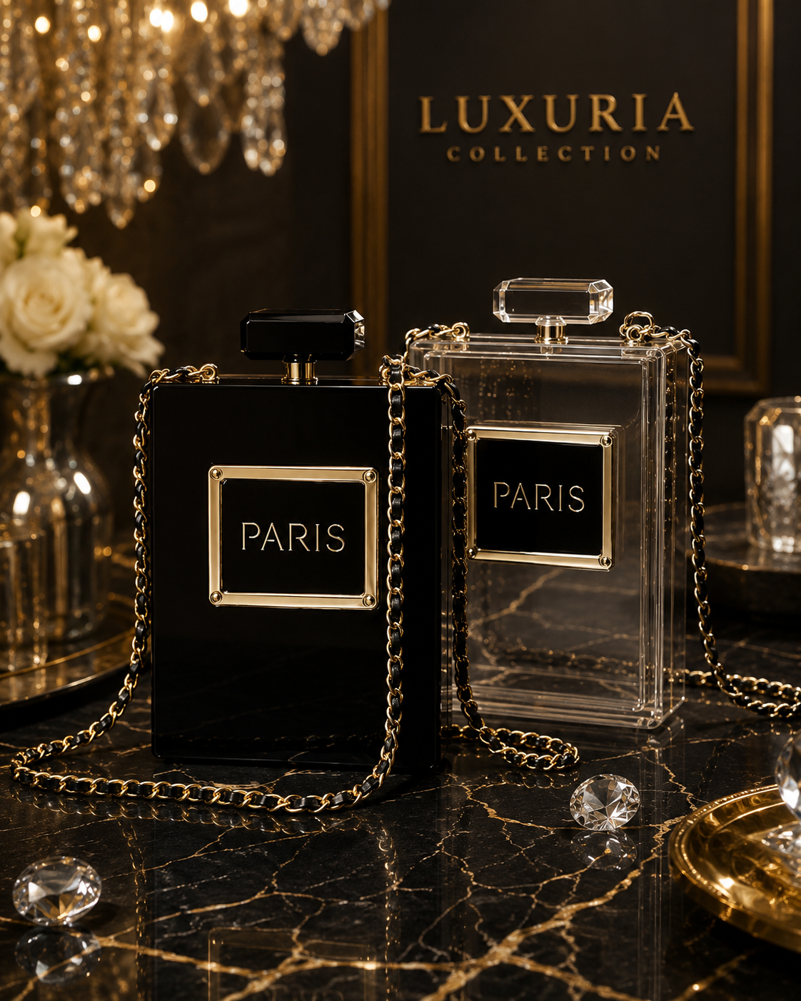 Sac Clutch Acylique & Chaîne Dorée – Noir & Transparent