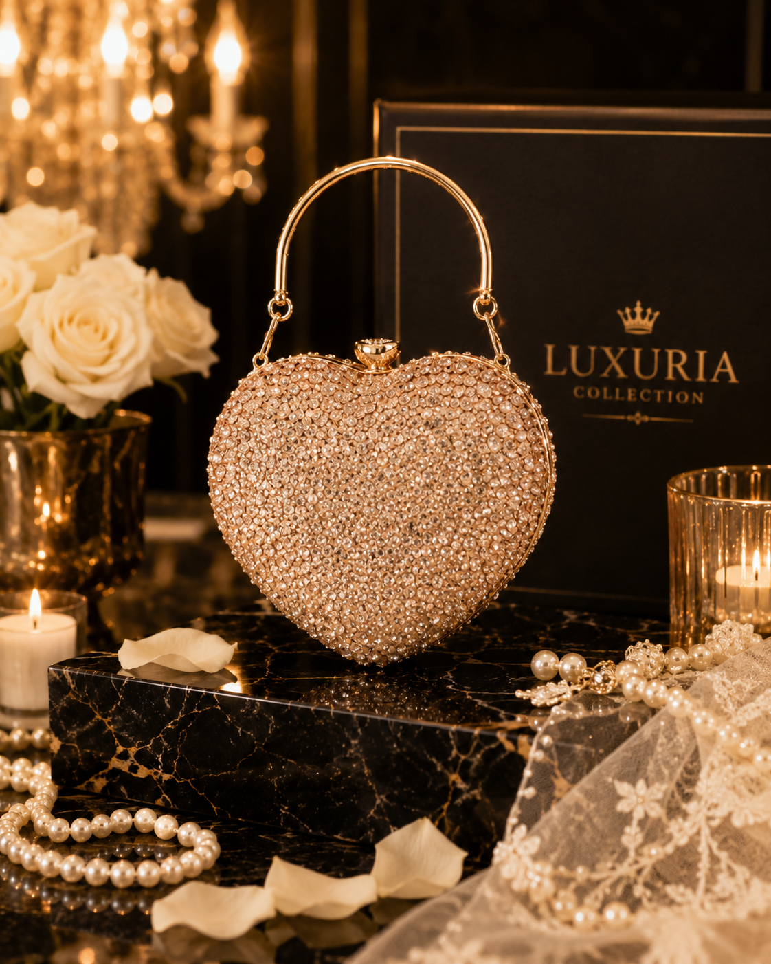 Mini Clutch Cœur Strass & Cristaux – Noir, Bleu, Rouge & Champagne
