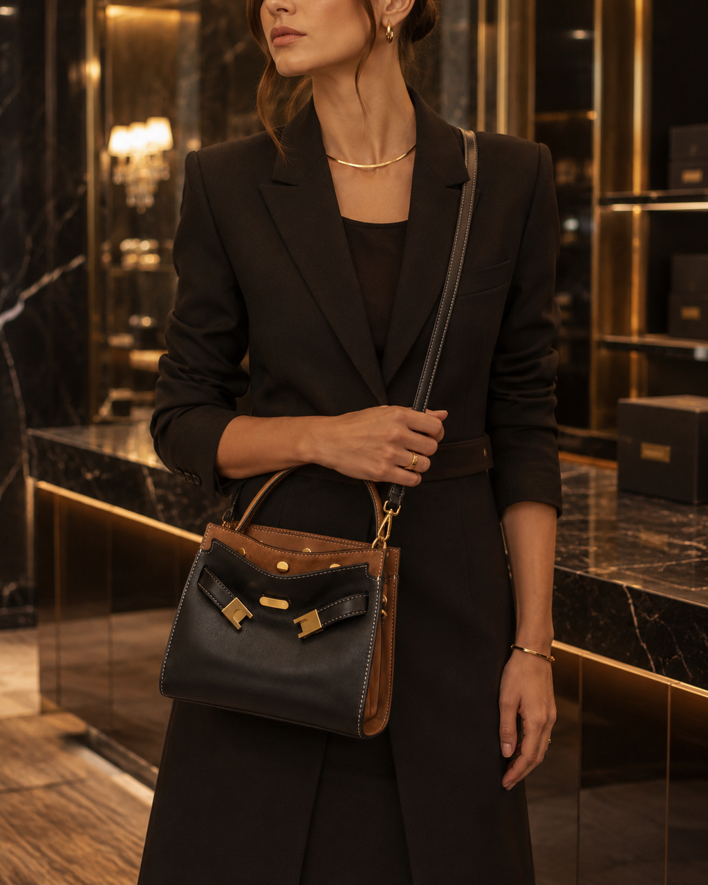 Sac Seau Élégant Femme – Bandoulière & Anse Supérieure | Noir & Marron