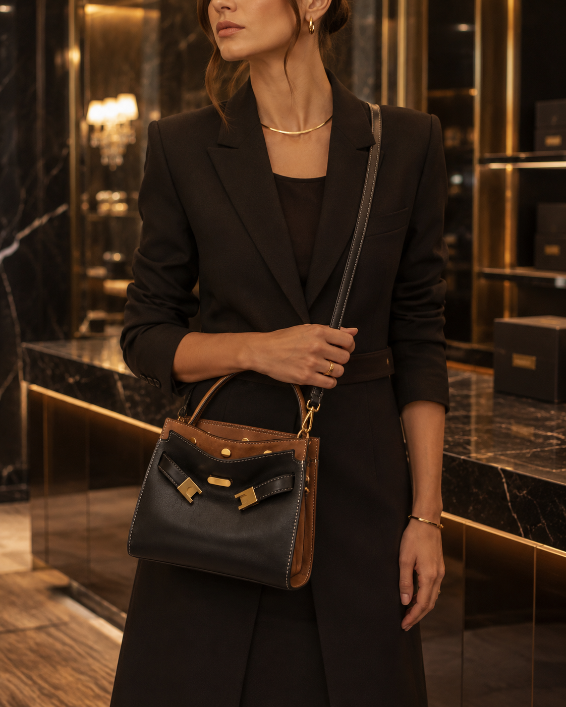Sac Seau Élégant Femme – Bandoulière & Anse Supérieure | Noir & Marron