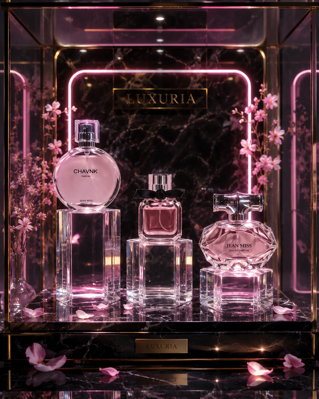 Coffret 3 parfums Luxuria, presentation vitrine des trois fragrances