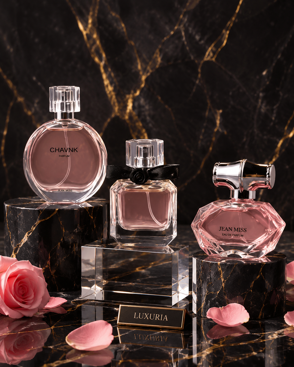 Coffret 3 parfums Luxuria, vue rapprochee des trois flacons