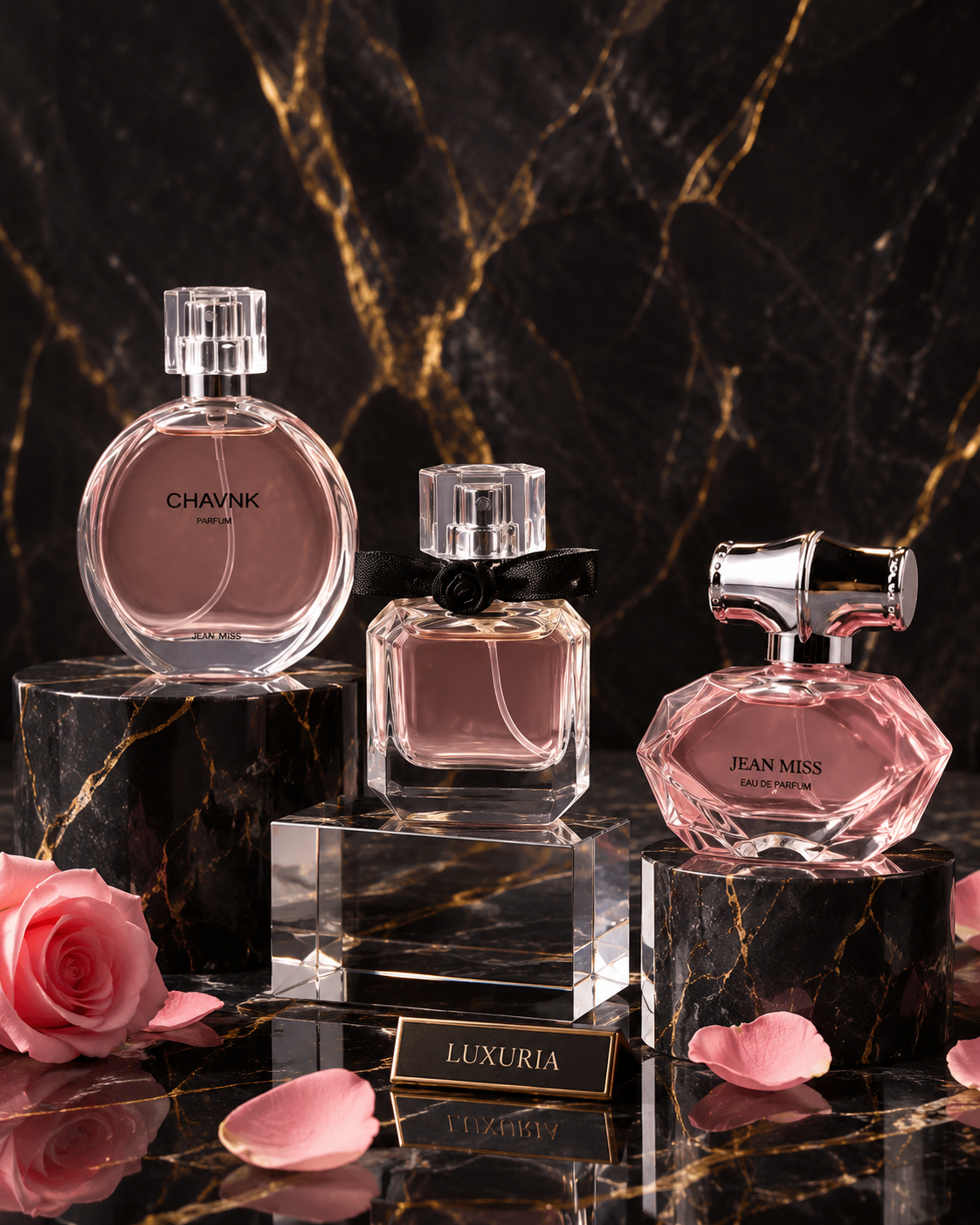 Coffret 3 parfums Luxuria, vue rapprochee des trois flacons