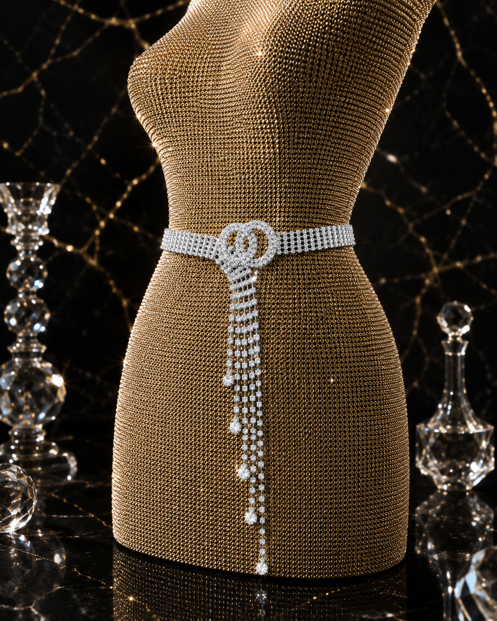 Ceinture Chaîne Strass & Cristaux — Anneau Argent, Réglable 65-90cm