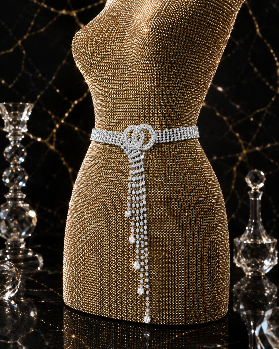 Ceinture Chaîne Strass & Cristaux — Anneau Argent, Réglable 65-90cm