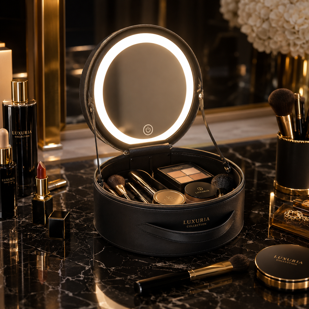 Trousse de Maquillage LED USB — Cuir PU, 3 Modes d'Éclairage, Pliable & Compacte, Rose & Noir