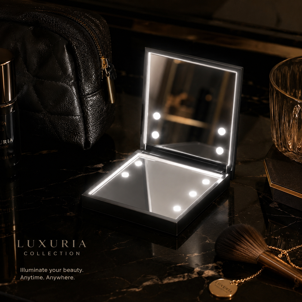 Miroir de Poche LED Pliable — 6 Lumières, 2 Faces, Ultra-Compact 70x70mm, Noir, Rose & Blanc