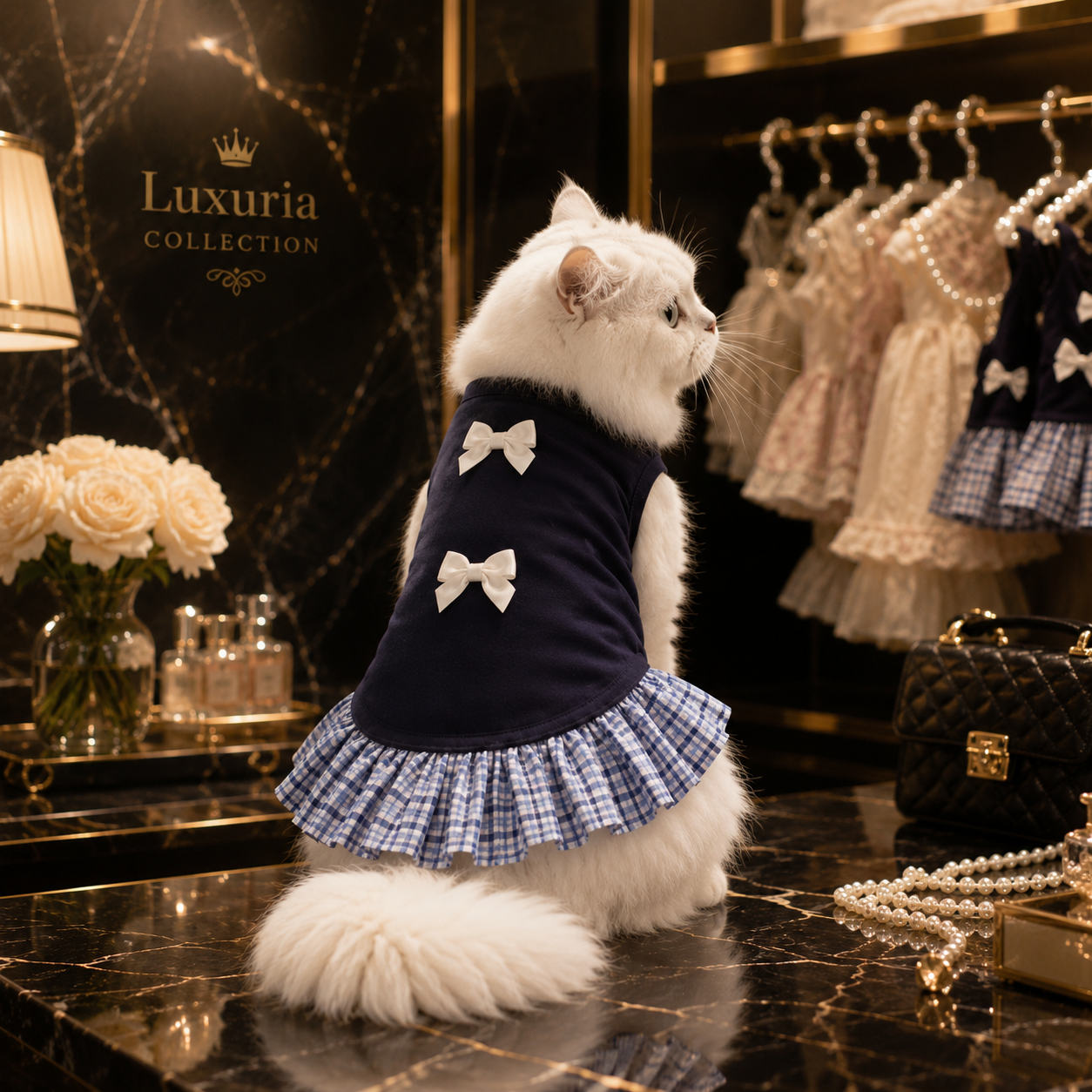 Robe Princesse Luxe pour Chien & Chat – Bleu & Blanc | Nœud & Carreaux | Anniversaire & Mariage