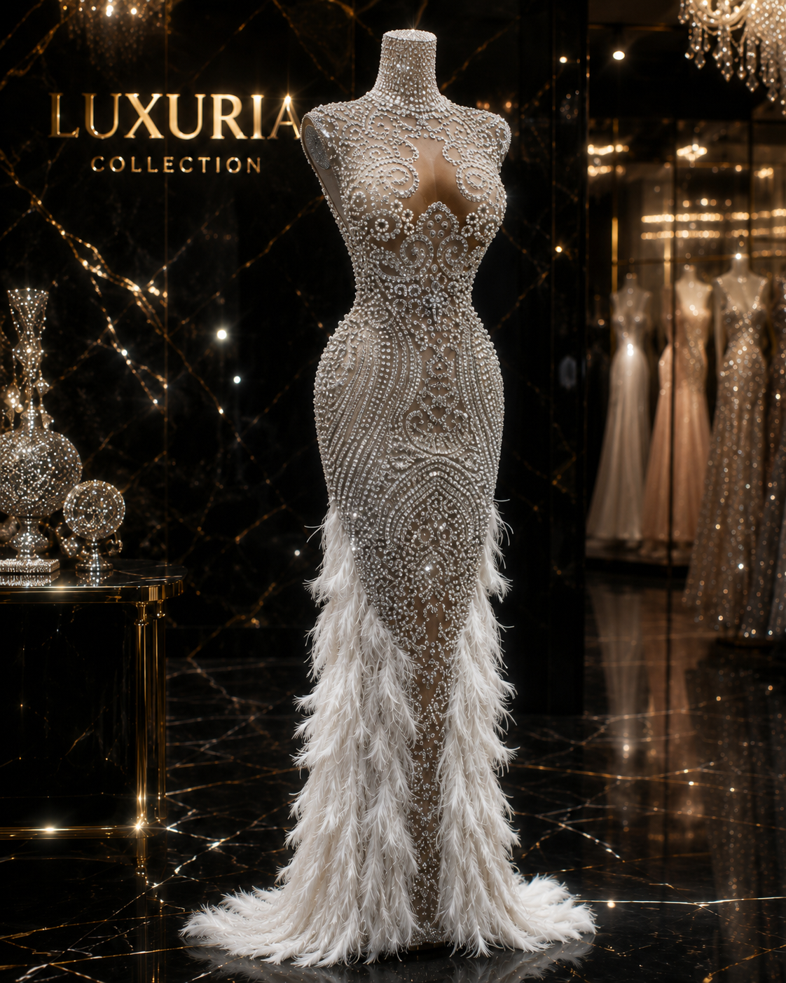 Robe Longue Strass & Plumes — Bodycon Luxe Soirée
