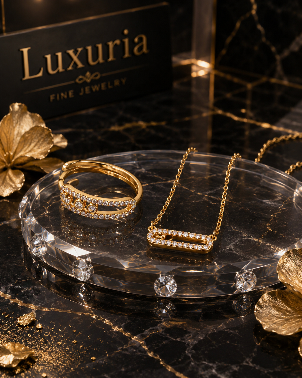 Parure Collier & Bague Zirconia — Acier Inoxydable Plaqué Or 18K, Éclat Luxe
