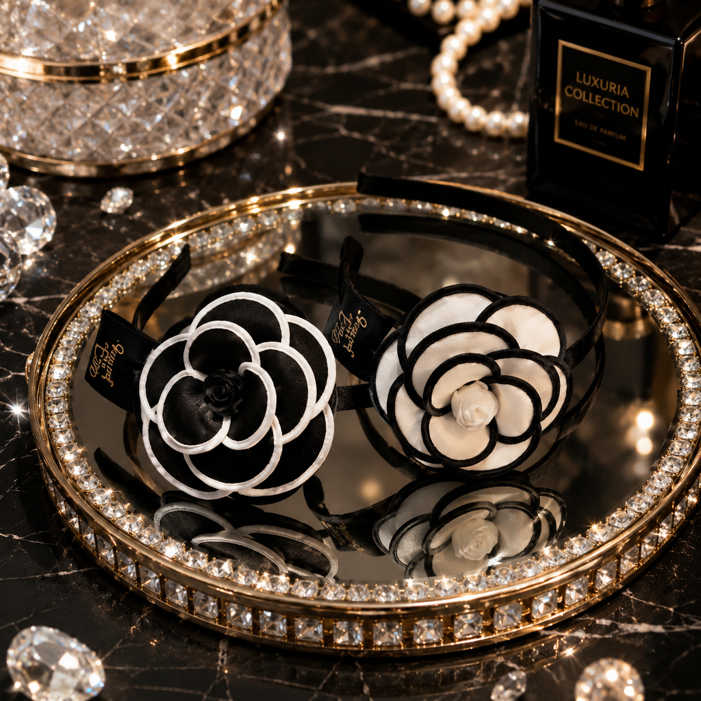 Serre-tête Fleur Camélia – Style Élégant | Noir & Blanc