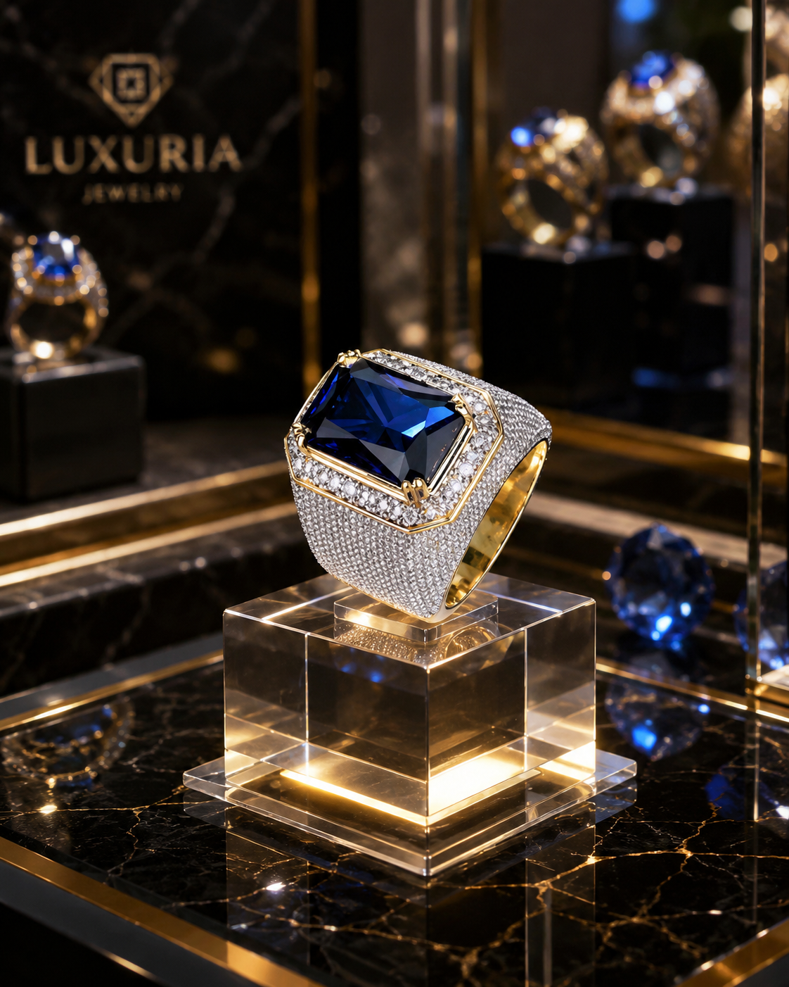 Bague Diamant Strass — Zircon Cubique Bleu , Serti Griffe Style Mariage Luxe