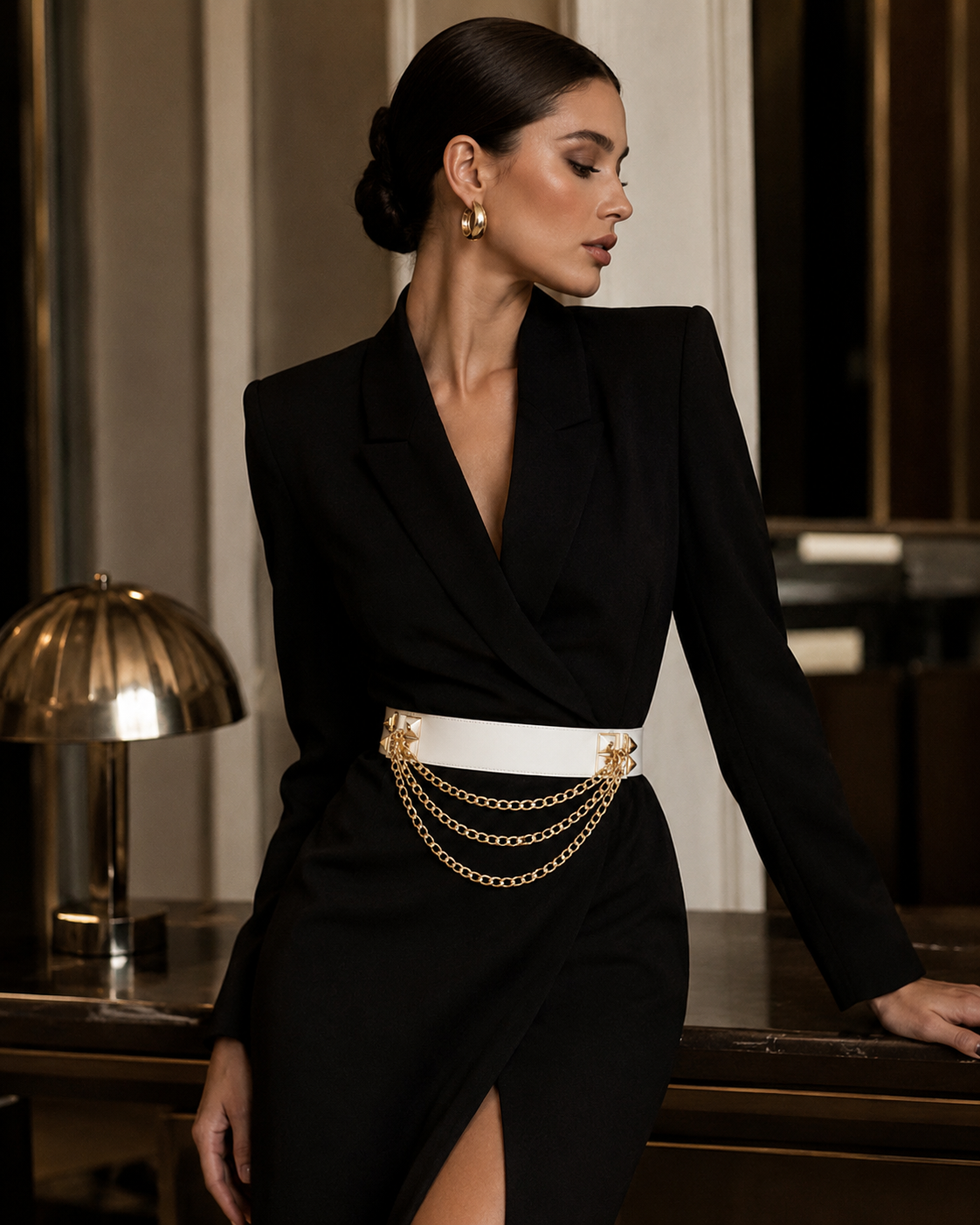 Ceinture Chaînes Dorées Multi-Rangs — Cuir PU Large, Style Punk Chic, Blanc & Noir, Réglable