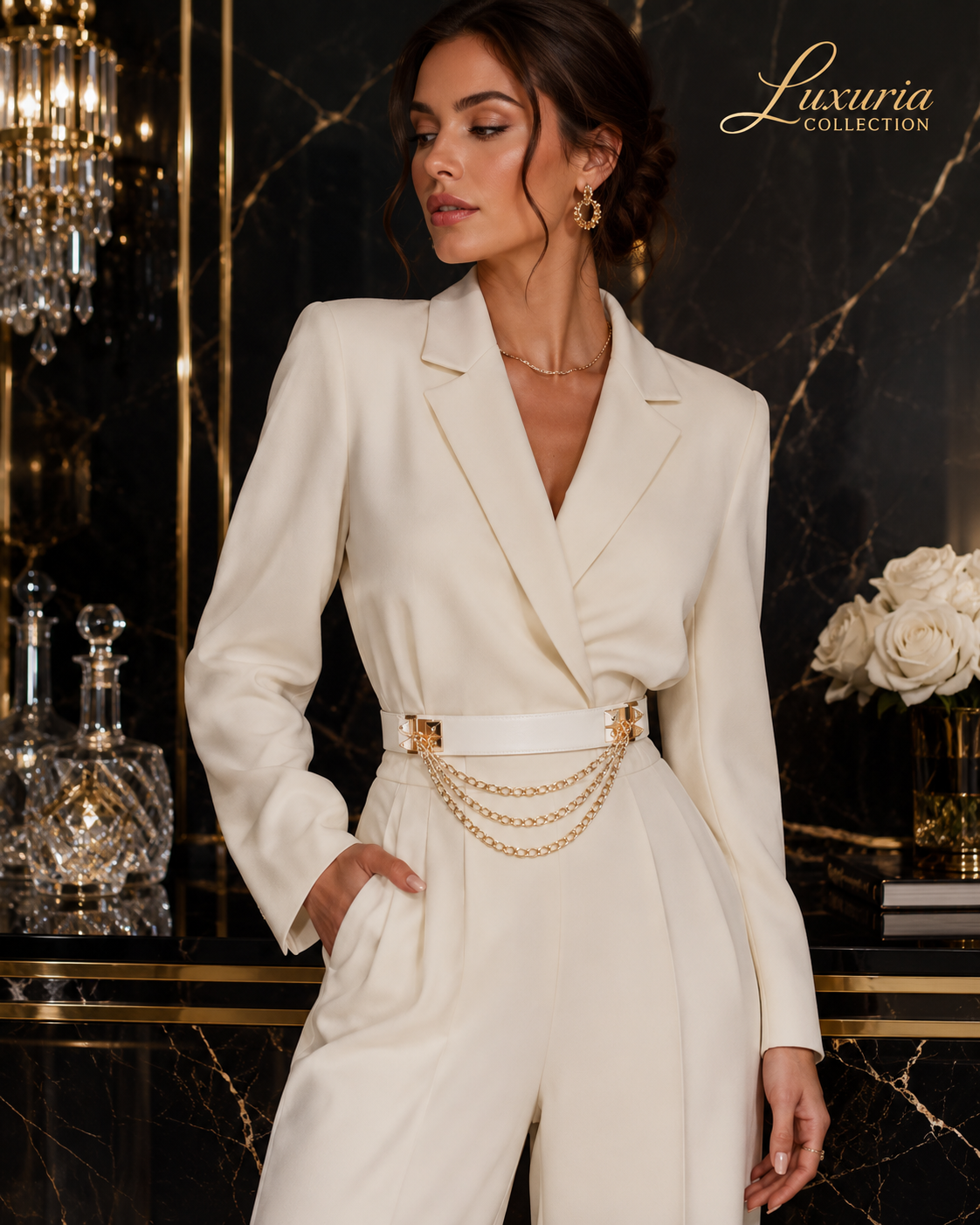 Ceinture Chaînes Dorées Multi-Rangs — Cuir PU Large, Style Punk Chic, Blanc & Noir, Réglable