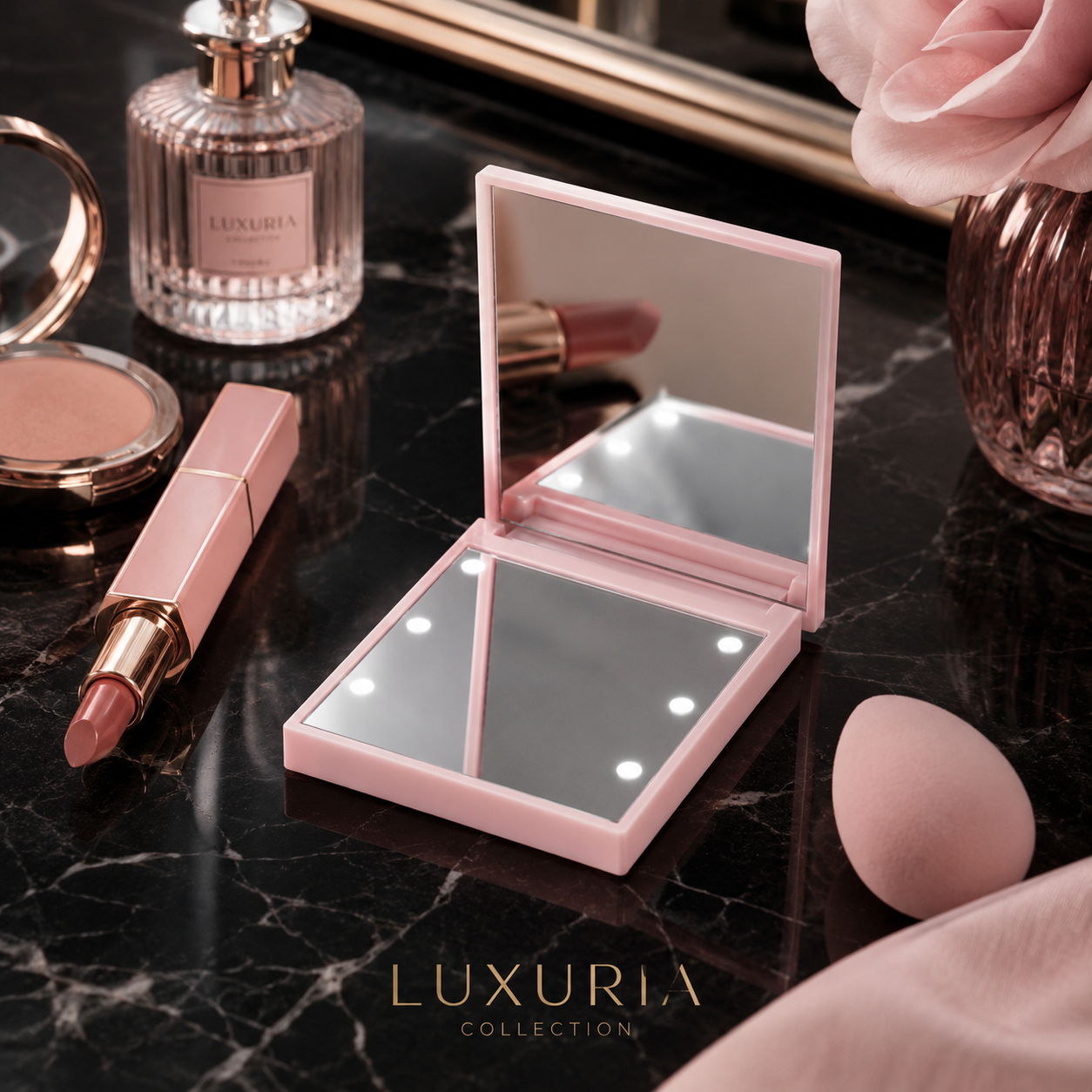 Miroir de Poche LED Pliable — 6 Lumières, 2 Faces, Ultra-Compact 70x70mm, Noir, Rose & Blanc