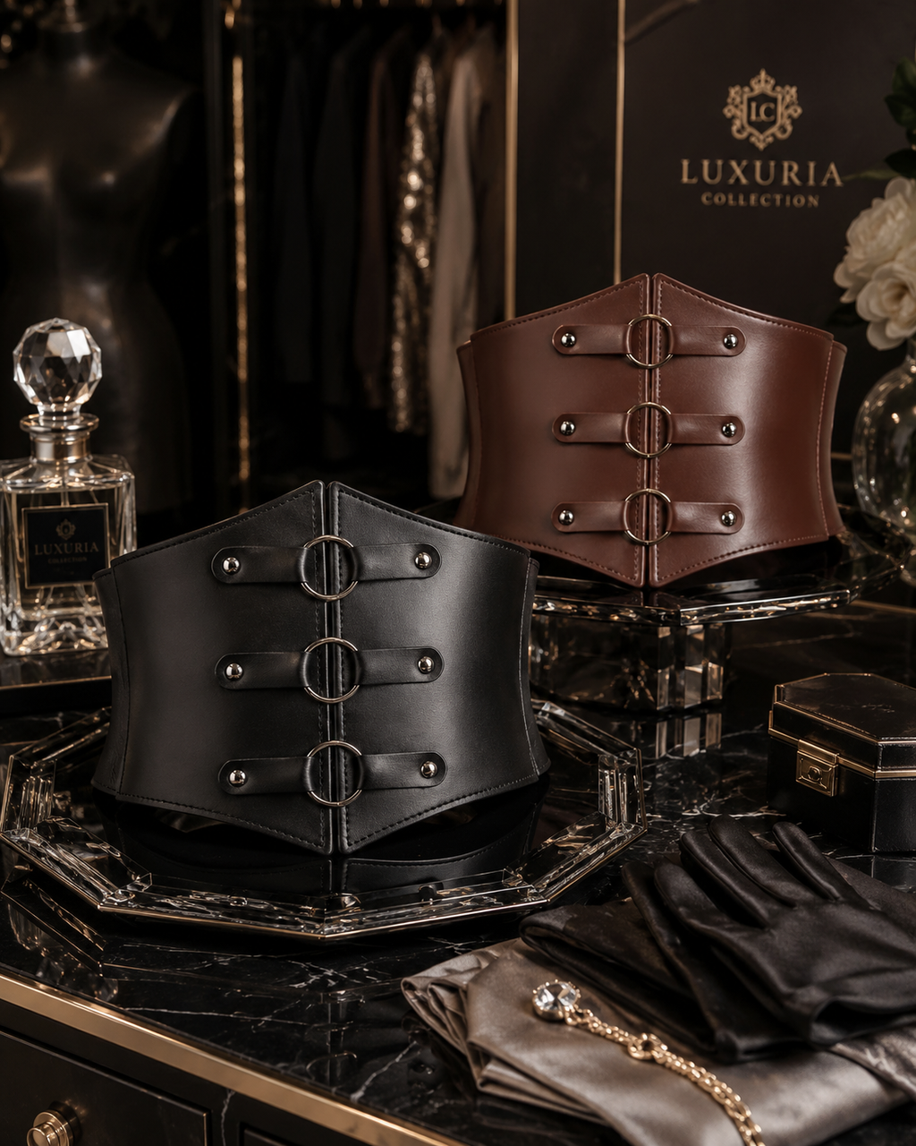 Ceinture Corset Gothique Triple Boucle — Rivets Punk, Cuir PU, Noir & Marron, 83cm