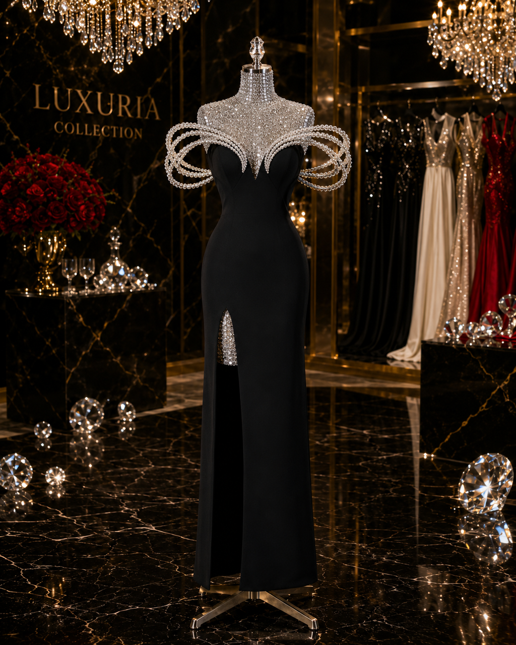 Robe Longue Noire Bandage & Perles — Col V, Style Maxi Soirée