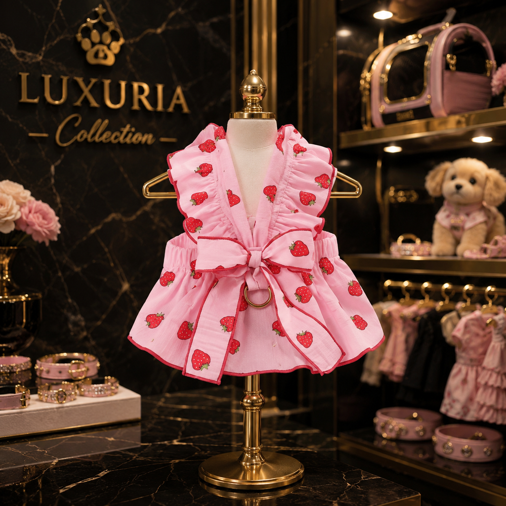 Robe d'Été Motif Fraise pour Chien & Chat – Coton Doux | Rose & Blanc | XS à XL