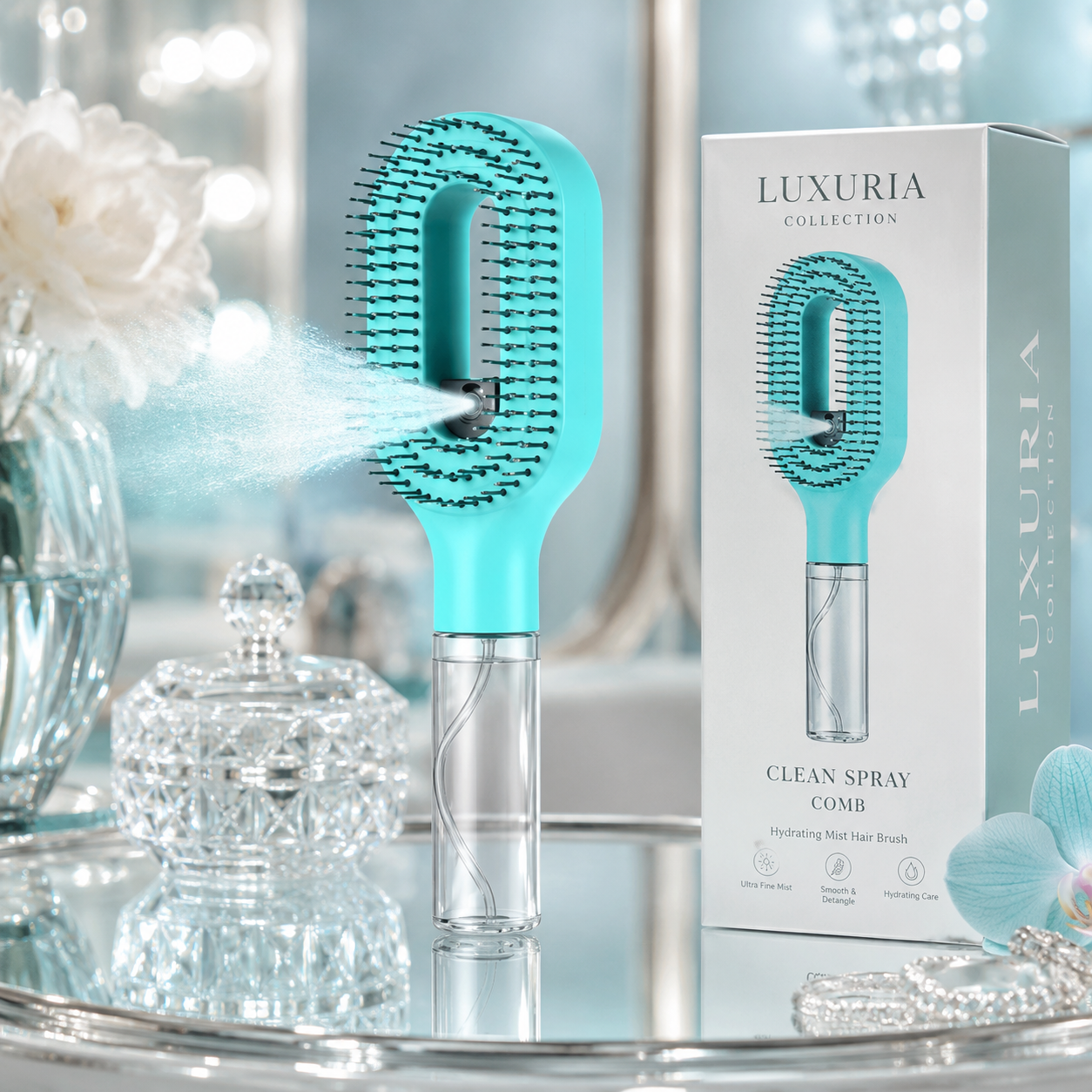 Brosse Vaporisateur 2-en-1 — Peigne Démêlant & Spray Hydratant, 7 Coloris, Style Salon
