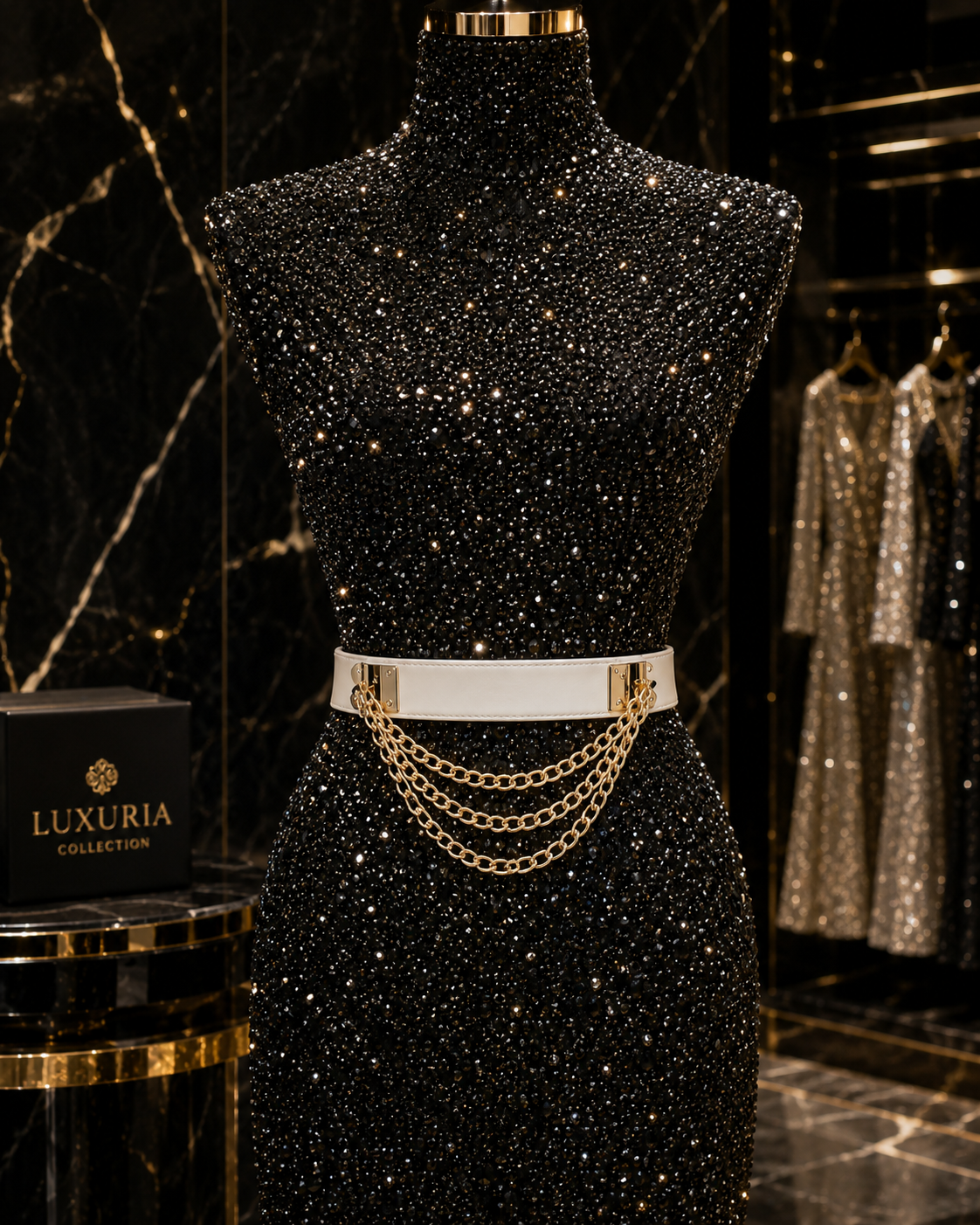 Ceinture Chaînes Dorées Multi-Rangs — Cuir PU Large, Style Punk Chic, Blanc & Noir, Réglable