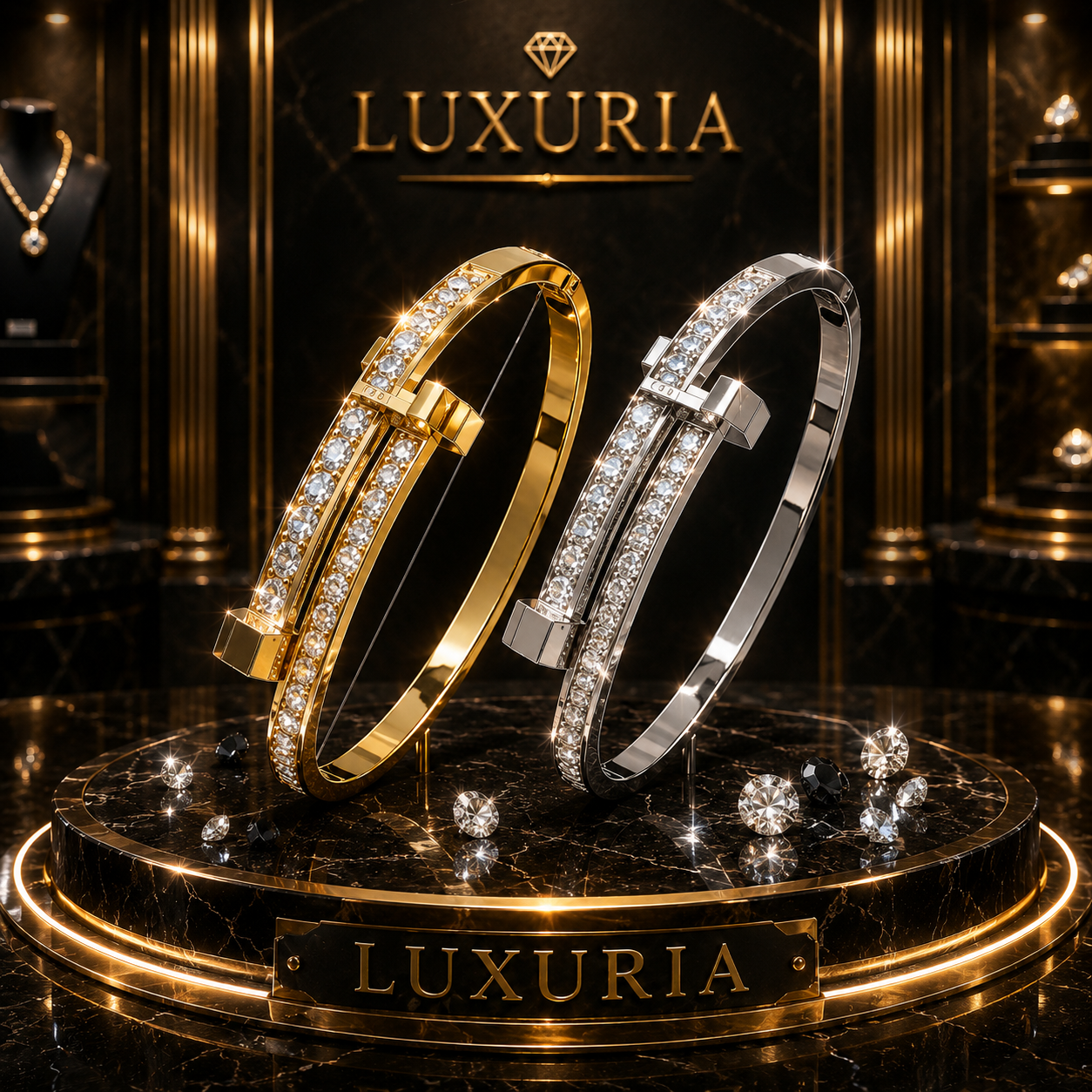 Jonc Zircon Éclat — Bracelet effet Plaqué Or blanc et jaune 18K & Strass