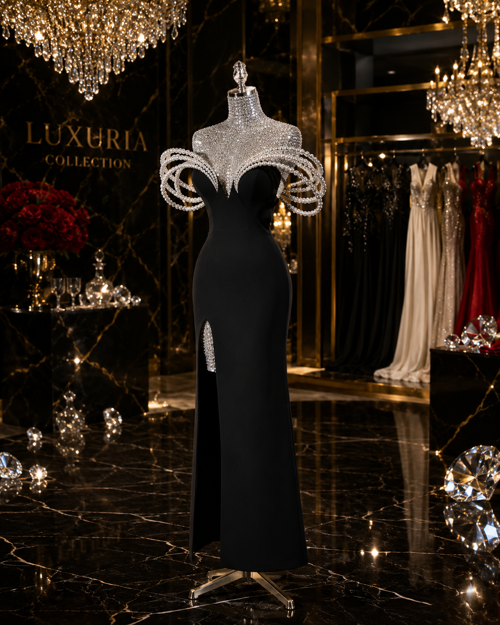 Robe Longue Noire Bandage & Perles — Col V, Style Maxi Soirée