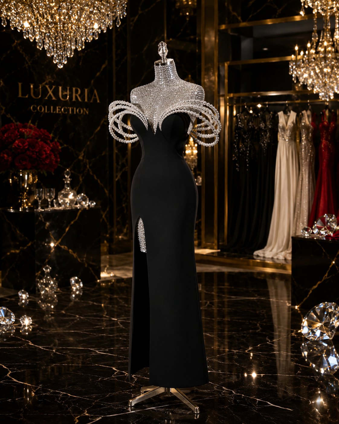 Robe Longue Noire Bandage & Perles — Col V, Style Maxi Soirée