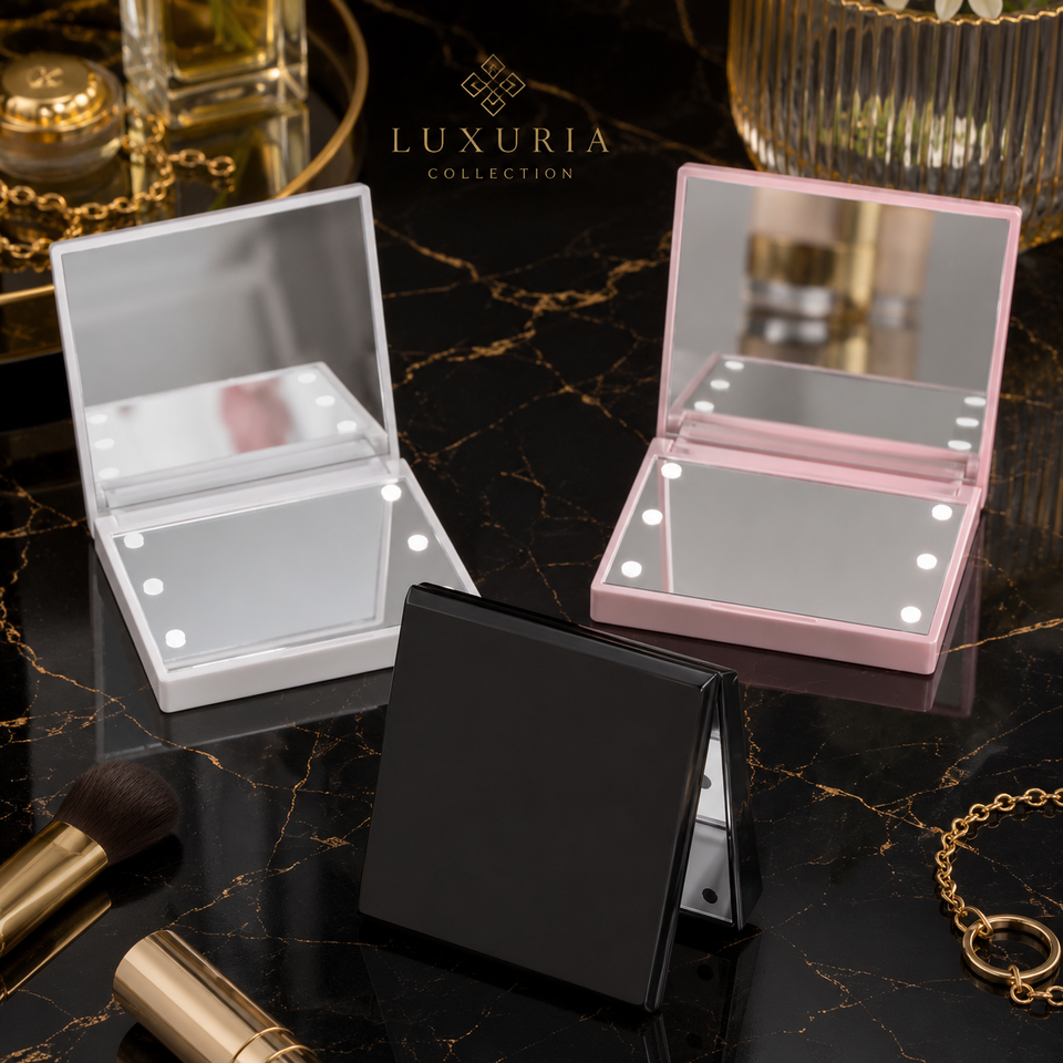 Miroir de Poche LED Pliable — 6 Lumières, 2 Faces, Ultra-Compact 70x70mm, Noir, Rose & Blanc