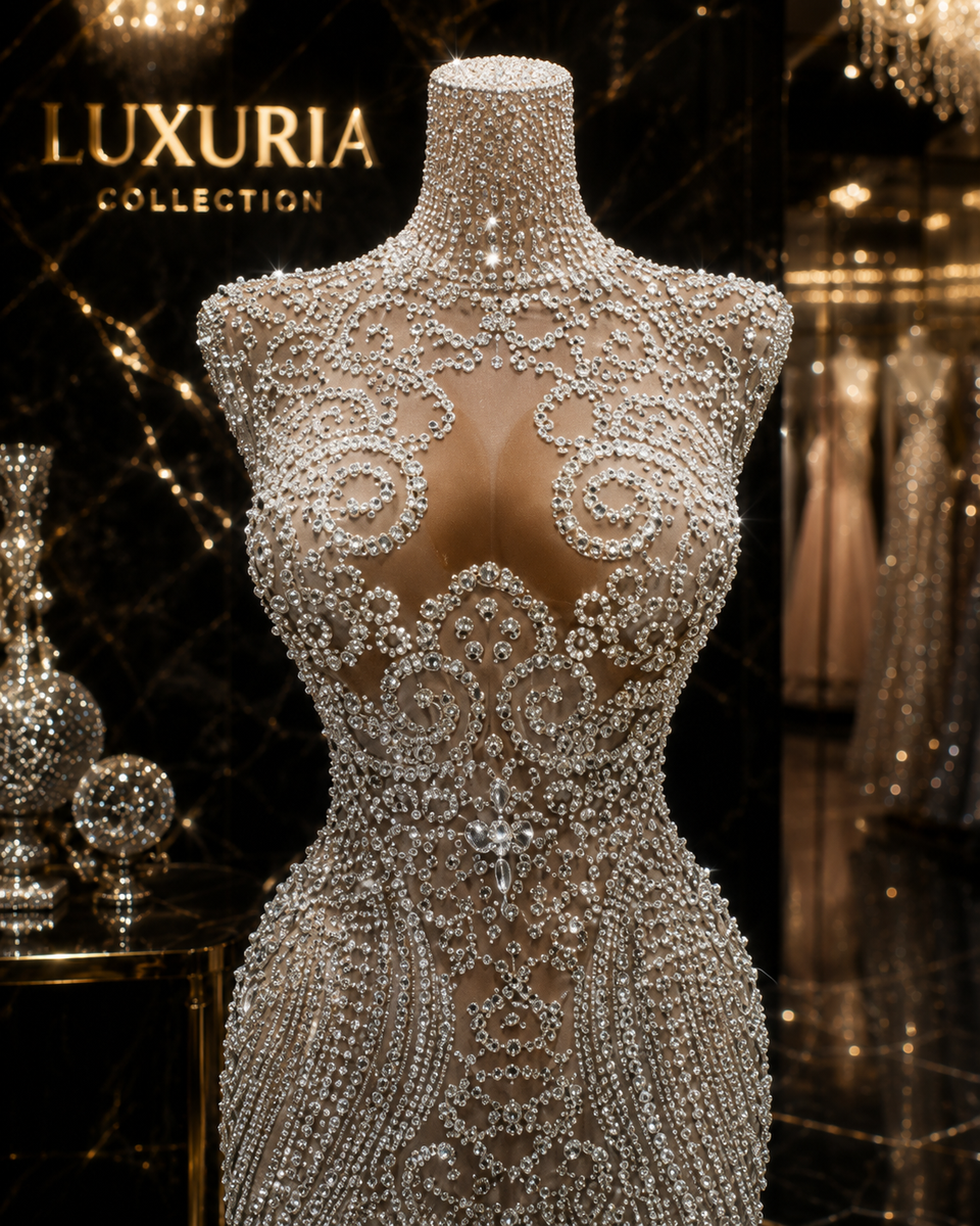 Robe Longue Strass & Plumes — Bodycon Luxe Soirée