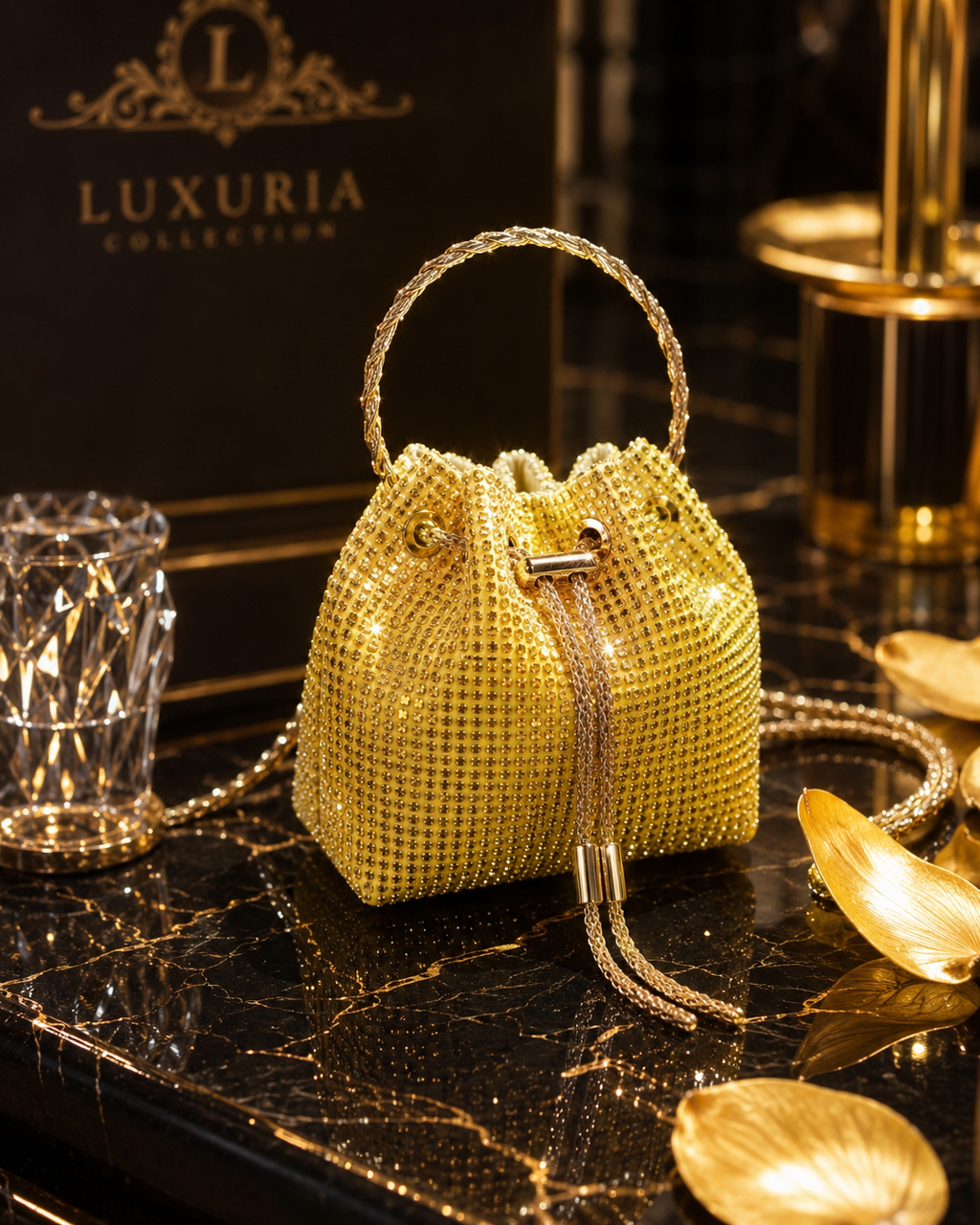 Sac Seau Paillettes & Cristaux – Jaune, Noir & Blanc