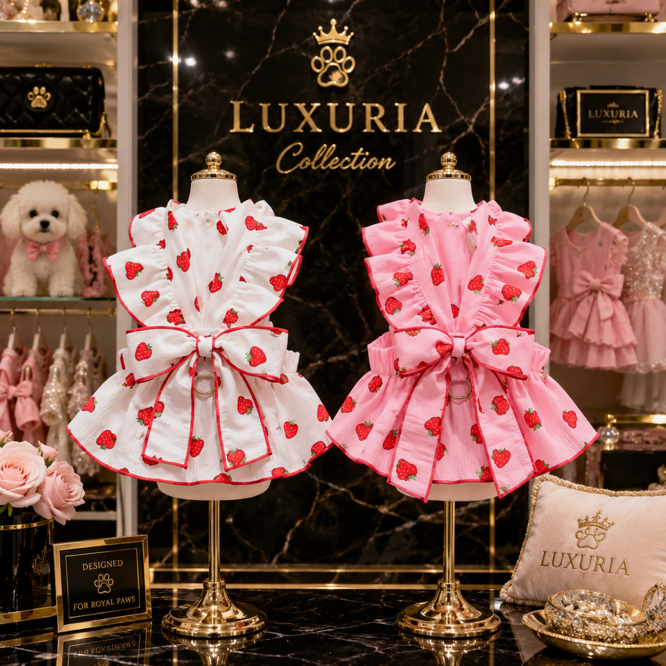 Robe d'Été Motif Fraise pour Chien & Chat – Coton Doux | Rose & Blanc | XS à XL