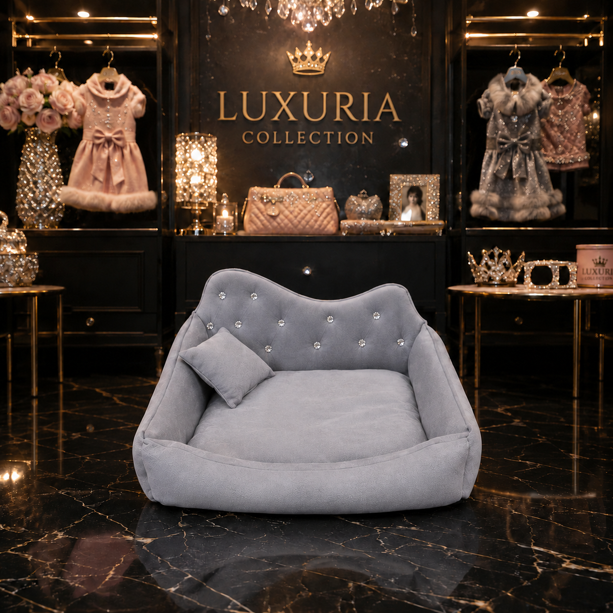 Canapé Luxe Strass pour Chien & Chat — Rose & Gris !