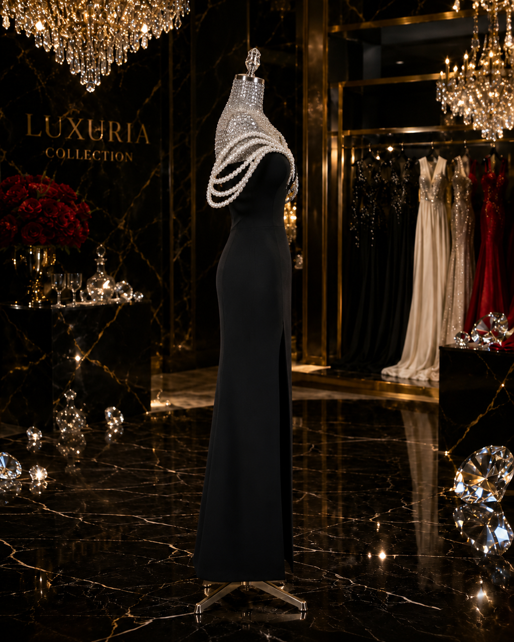 Robe Longue Noire Bandage & Perles — Col V, Style Maxi Soirée